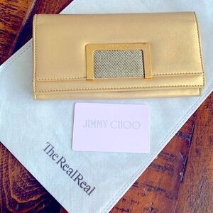 Jimmy Choo Gold Leather Glitter Bifold Metallic Long Wallet Authentic with COA